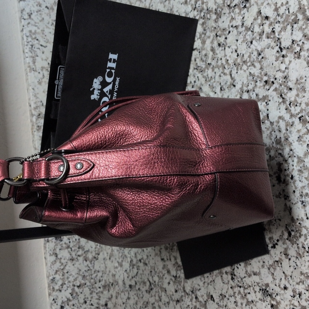 Coach SET Mickie Bag Red Metallic Pebble Leather & Signature Wristlet Wallet - Picture 8 of 17